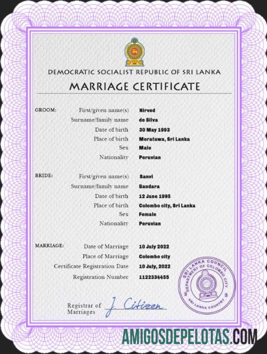 Imprimível modelo PSD de certidão de casamento do Sri Lanka